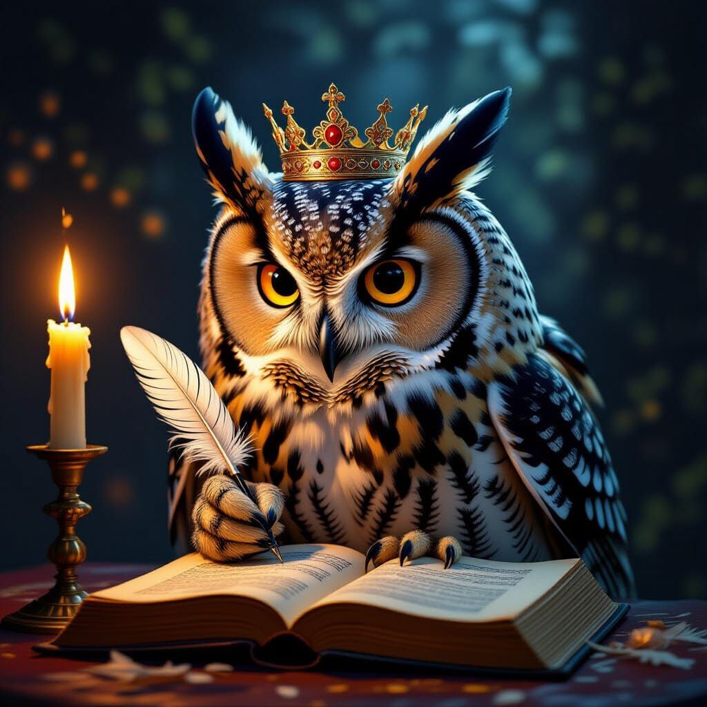 Majestic Owl Writes Secretly by Candlelight