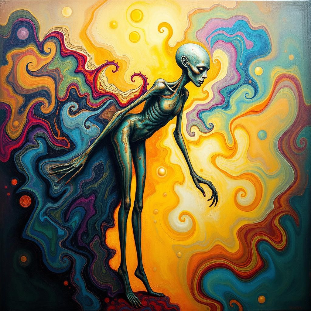 Surreal Figure in Swirling Colors, Oil Painting Style