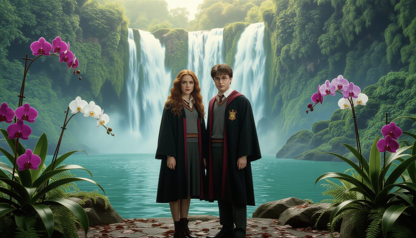 Harry and Ginny in Surrealist Waterfall Scene