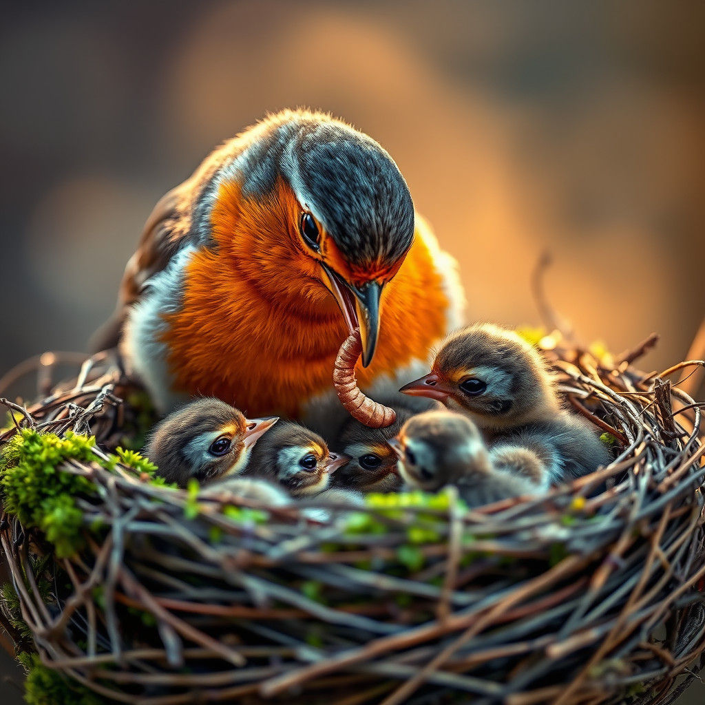 Robin Feeds Chicks: Hyperrealistic Wildlife Photography