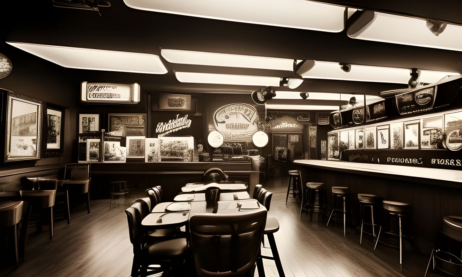 Rockabilly Cafe Interior in Vintage Sepia Style