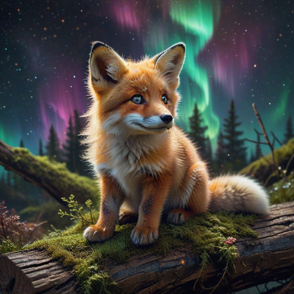 Fluffy Fox Cub Gazes at Cosmic Aurora