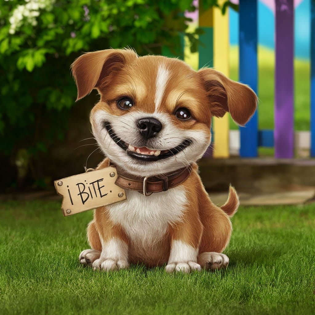 Playful Dog with 'I Bite' Sign Illustration