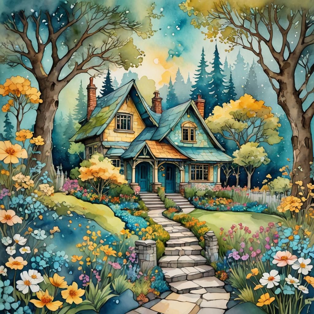 Whimsical Fairytale Bungalow in Watercolor and Alcohol Ink