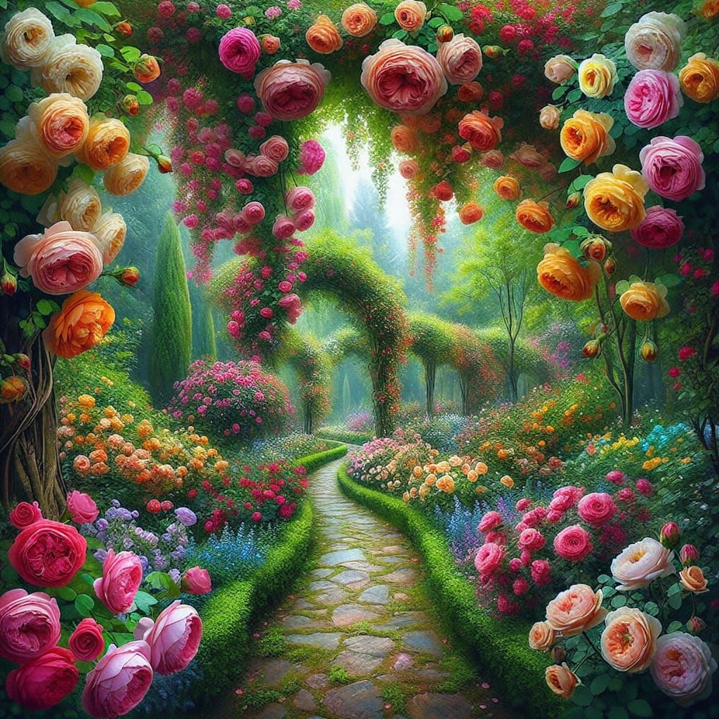 Romantic scene featuring flowers in full bloom, such as a tr...