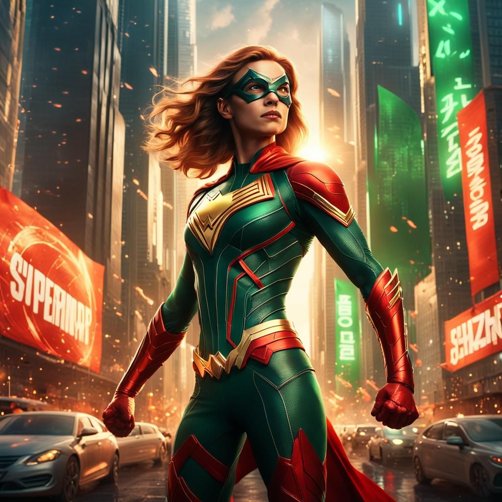 Strong Female Superhero in Dynamic Cityscape
