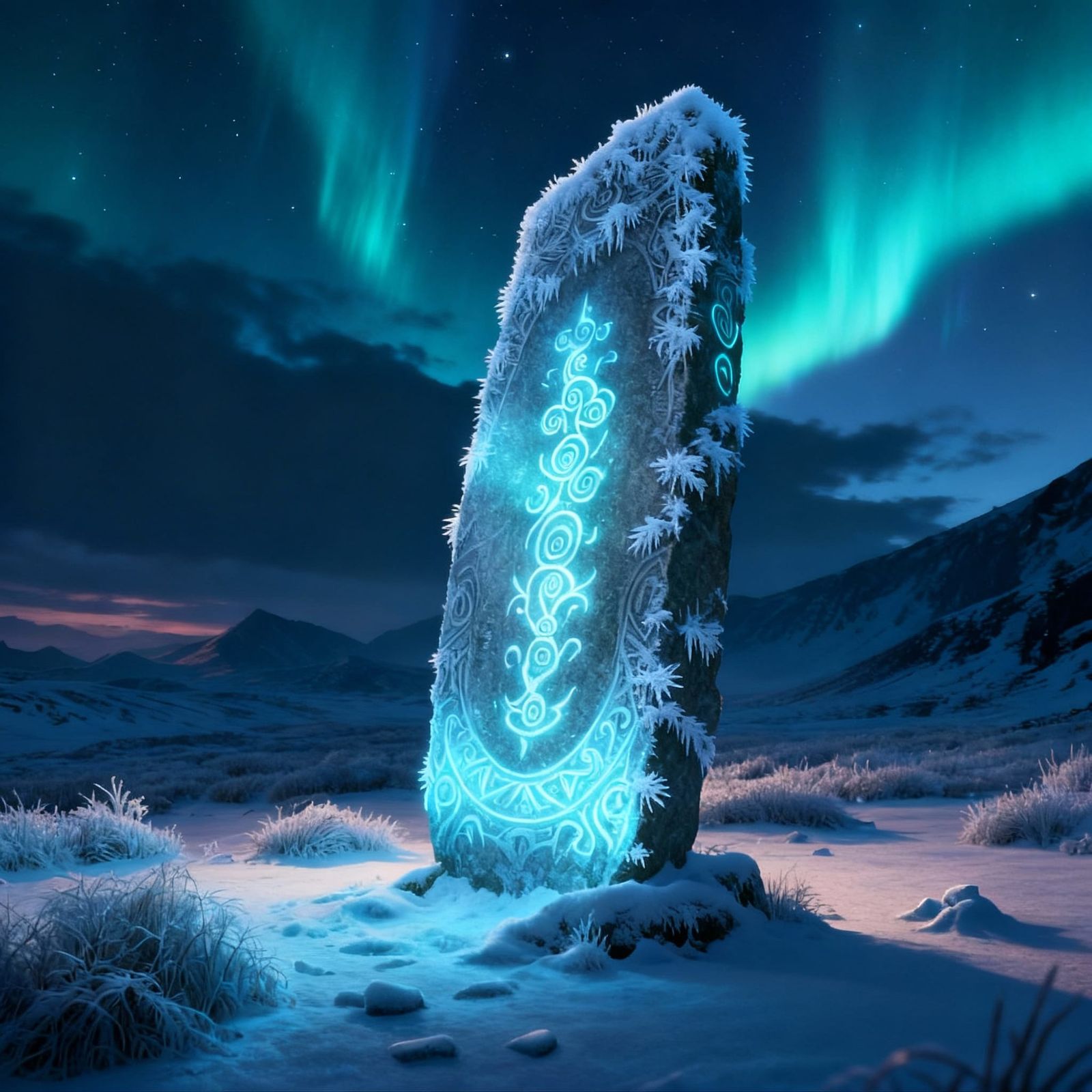 Ancient Rune Stone Under Aurora Borealis