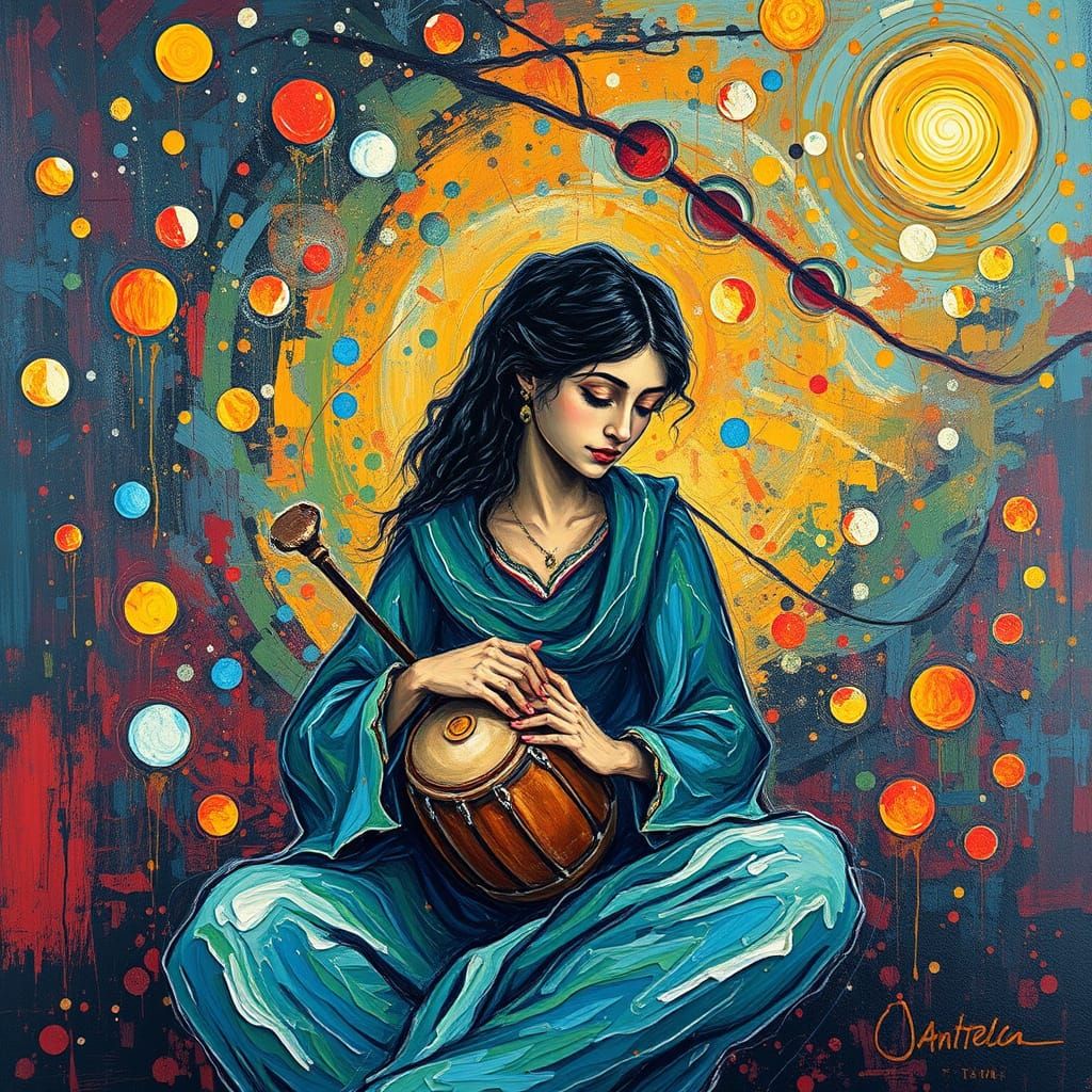 Cosmic Tabla Player in Neo-Expressionist Oil Painting
