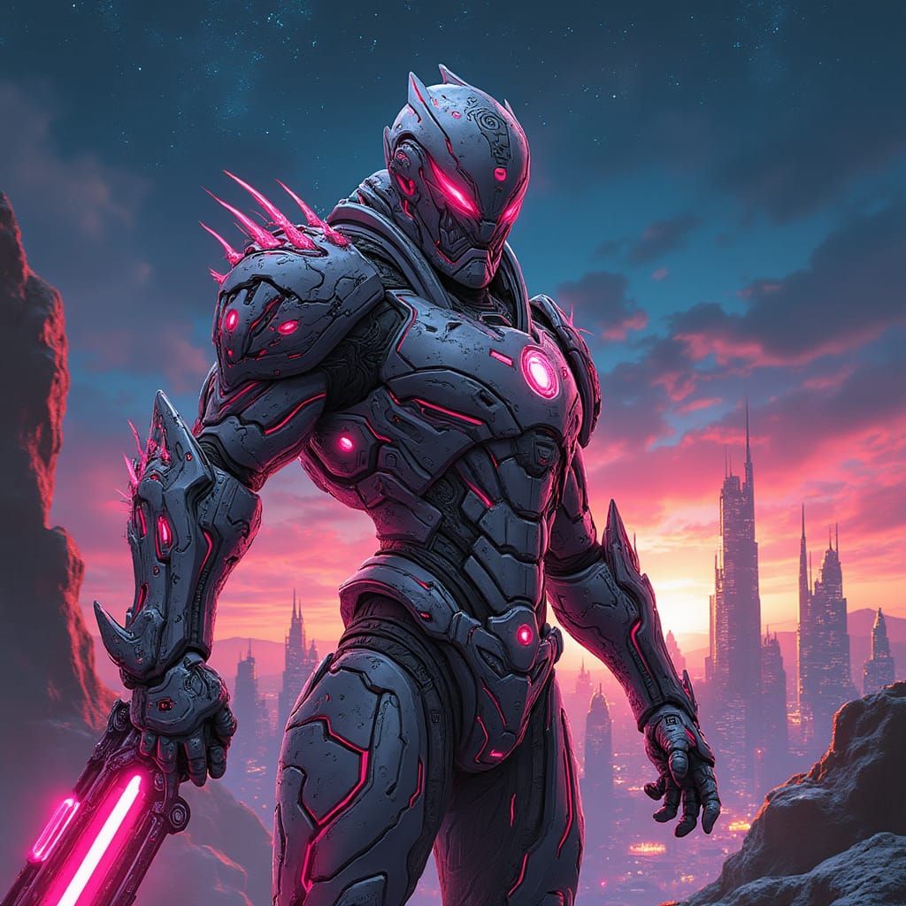 Futuristic Superhero Wields Cosmic Weapon in Cyberpunk City