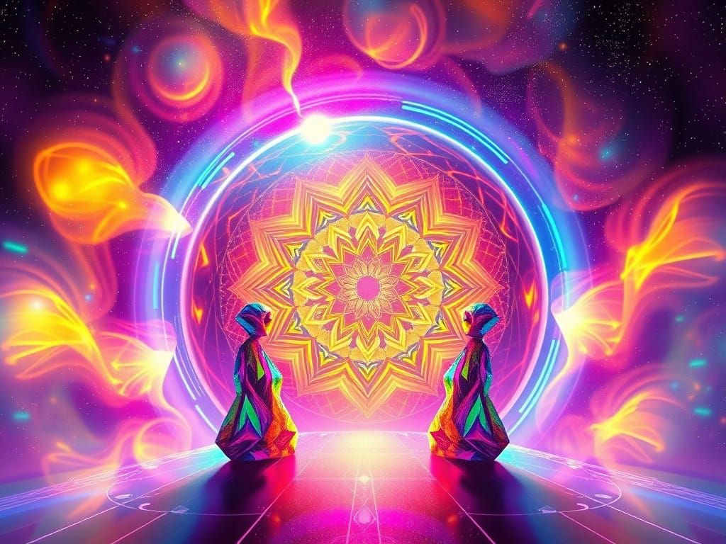 Ethereal Portal Reveals Geometric Beings in Iridescent Glow