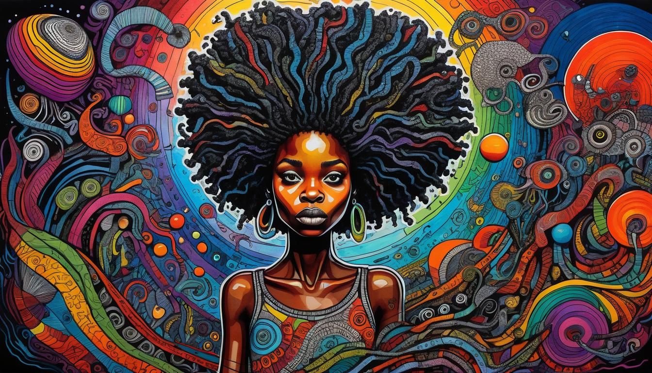 Melanin Woman Bringing Life, Colorful Ink Drawing