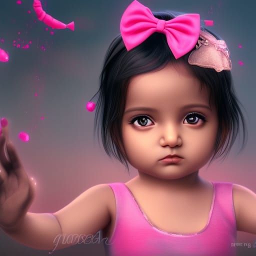 Indian Baby Girl in Pink Sleeper, Detailed Matte Painting
