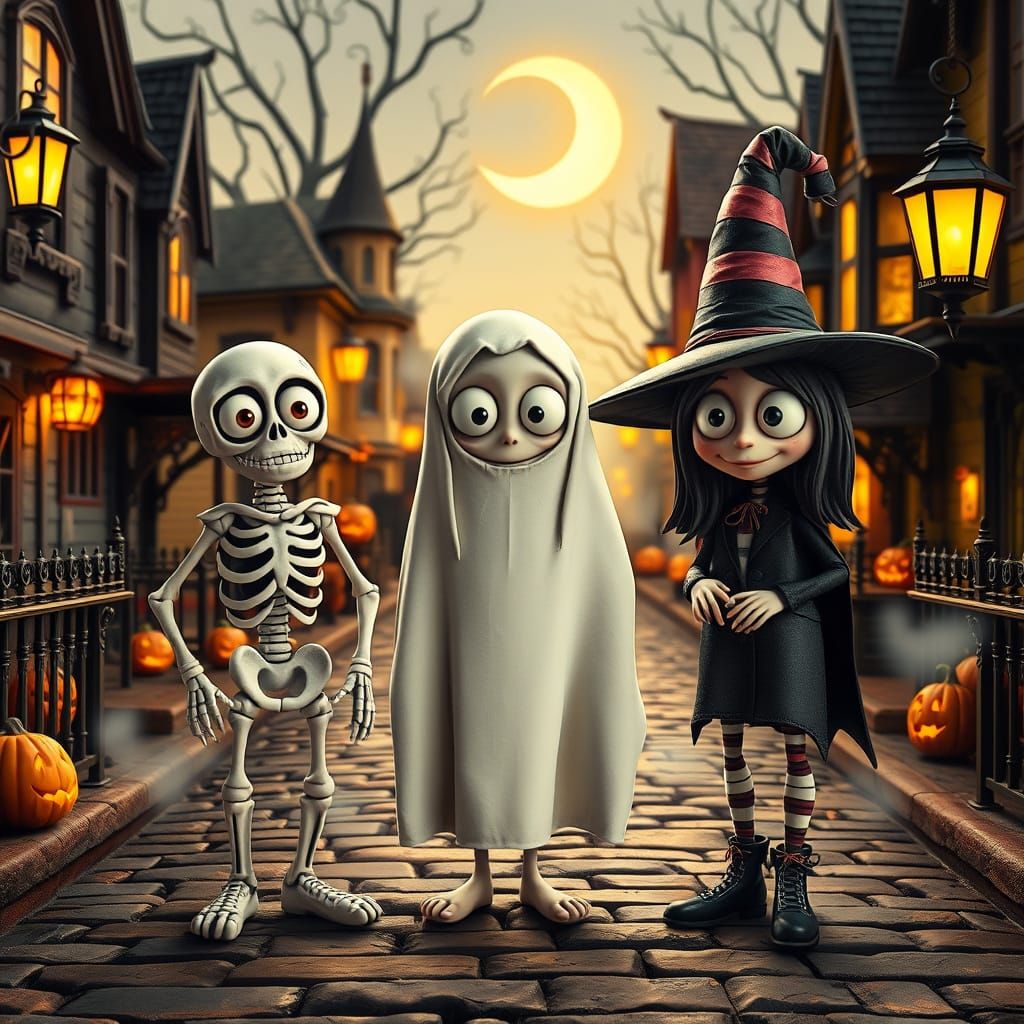 Cheerful Trick-or-Treaters in Tim Burton Claymation Style