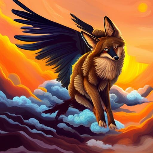 Coyote with Crow Wings Soaring in Anime Style