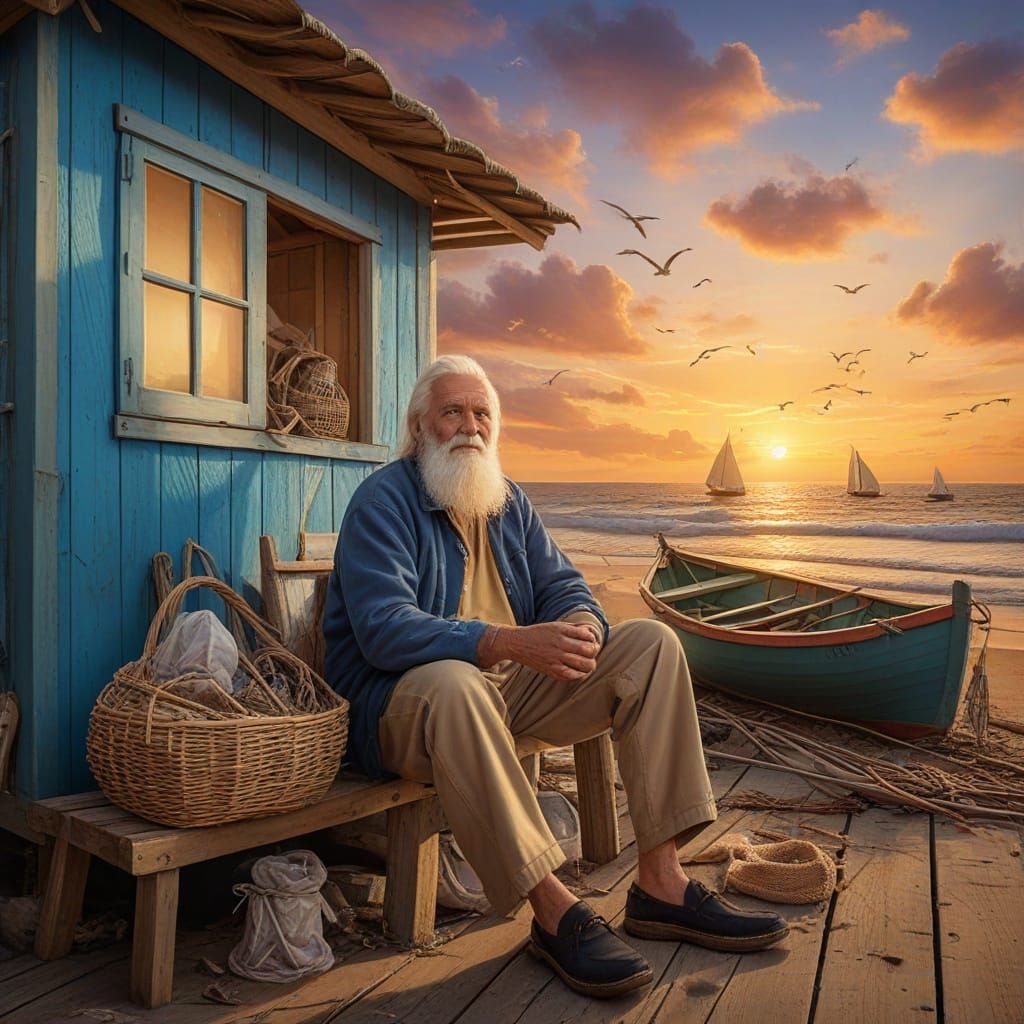 Elderly Fisherman at Sunset Holding Nets
