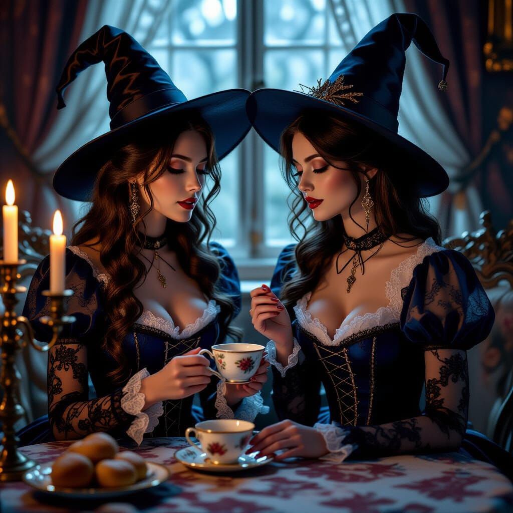 Gothic Witches Share Tea in Romantic Boudoir