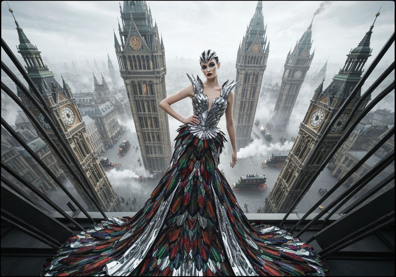 High Fashion Model in Beetle Wing Gown, Victorian Metropolis