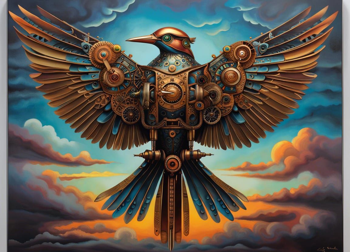 Majestic Mechanical Bird Soaring in Steampunk Style