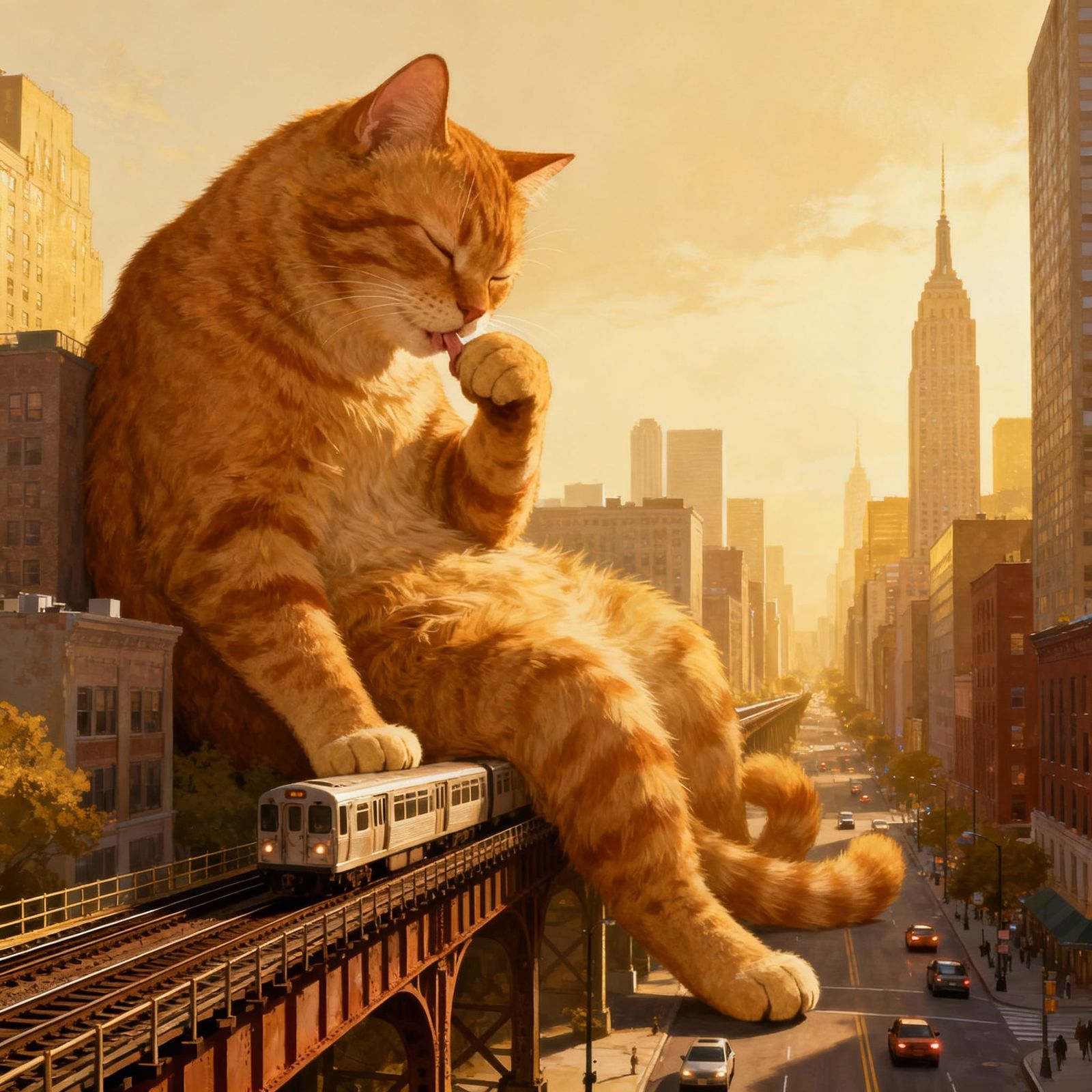 Giant Ginger Cat Cleans Self on Elevated Train Track Over Ci...