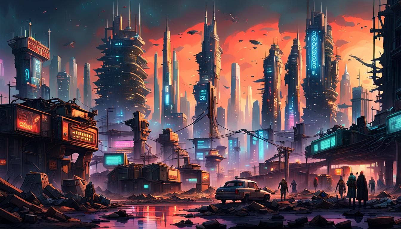 Cyberpunk Post-Apocalyptic Skyline of 2086