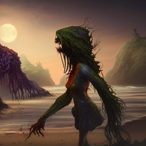 Zombie Emerges on Beach: Fantasy Concept Art