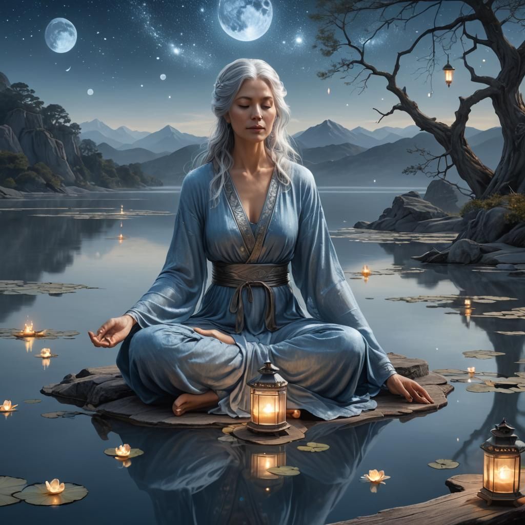 Silver-Haired Woman Meditating in Dreamy Landscape