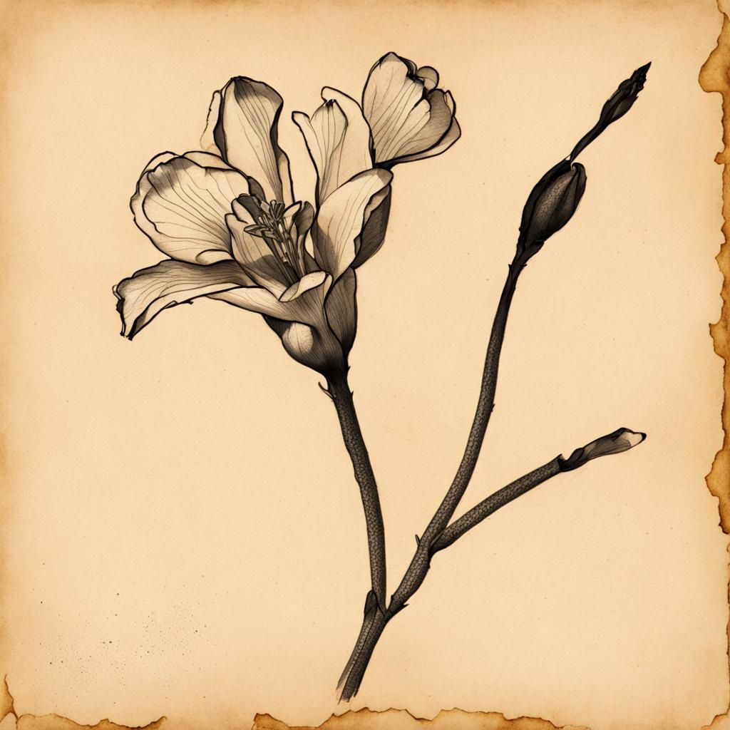 Freesia Ink Drawing on Old Paper