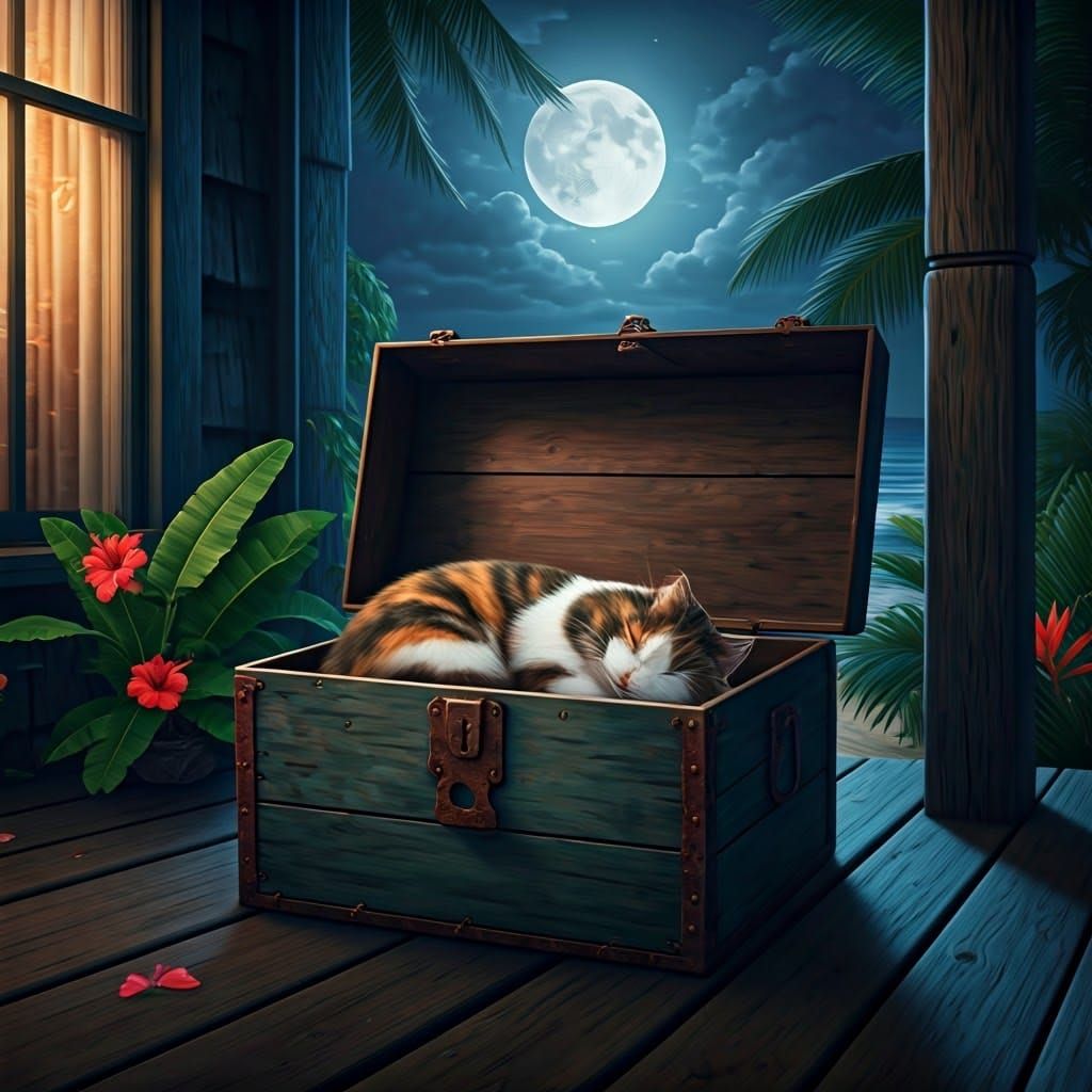Serene Calico Cat in Beach Cottage Porch Scene