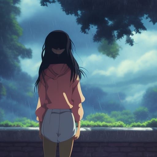 Anime Girl in Rain, Studio Ghibli Style