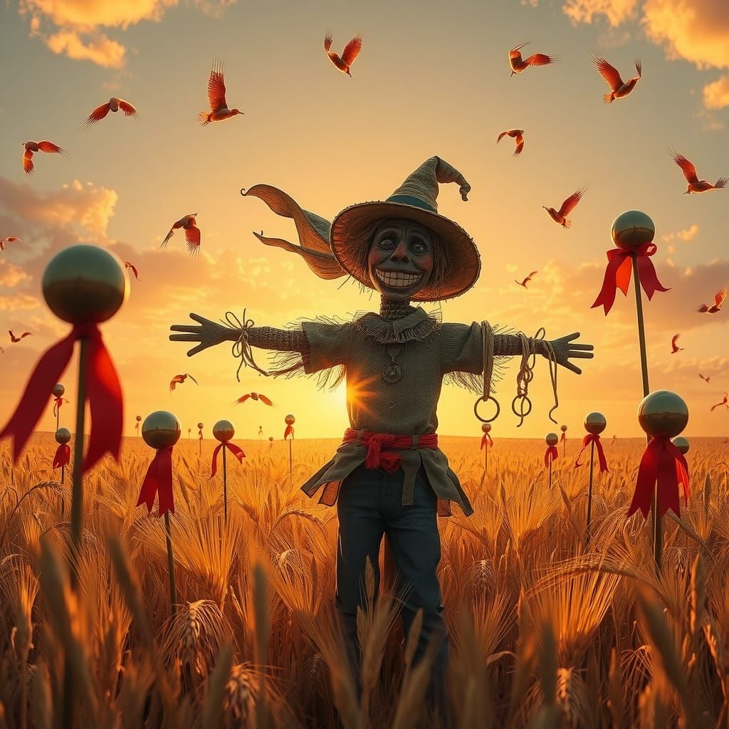 Whimsical Scarecrow Victorious in Golden Wheat Field