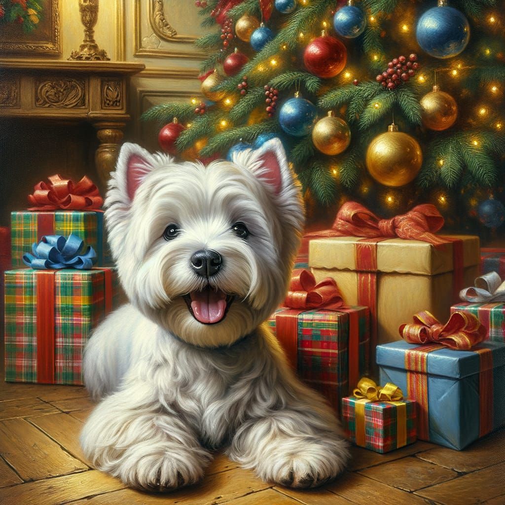 Adorable West Highland Terrier Puppy by Christmas Tree