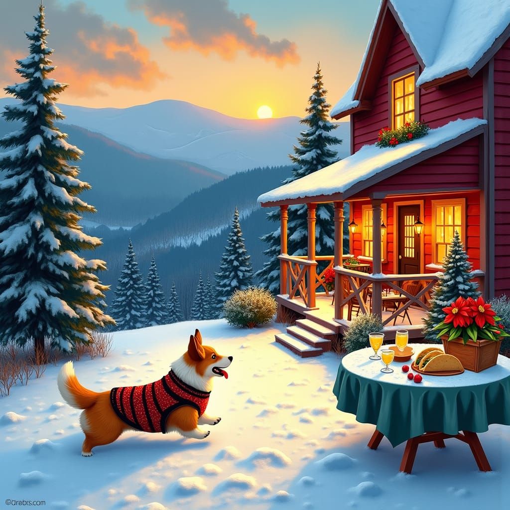 Festive Holiday Scene in West Virginia as Gouache Painting