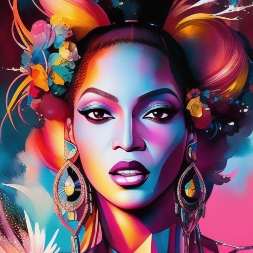 Anime Beyonce Liquid Gouache and Watercolor Painting