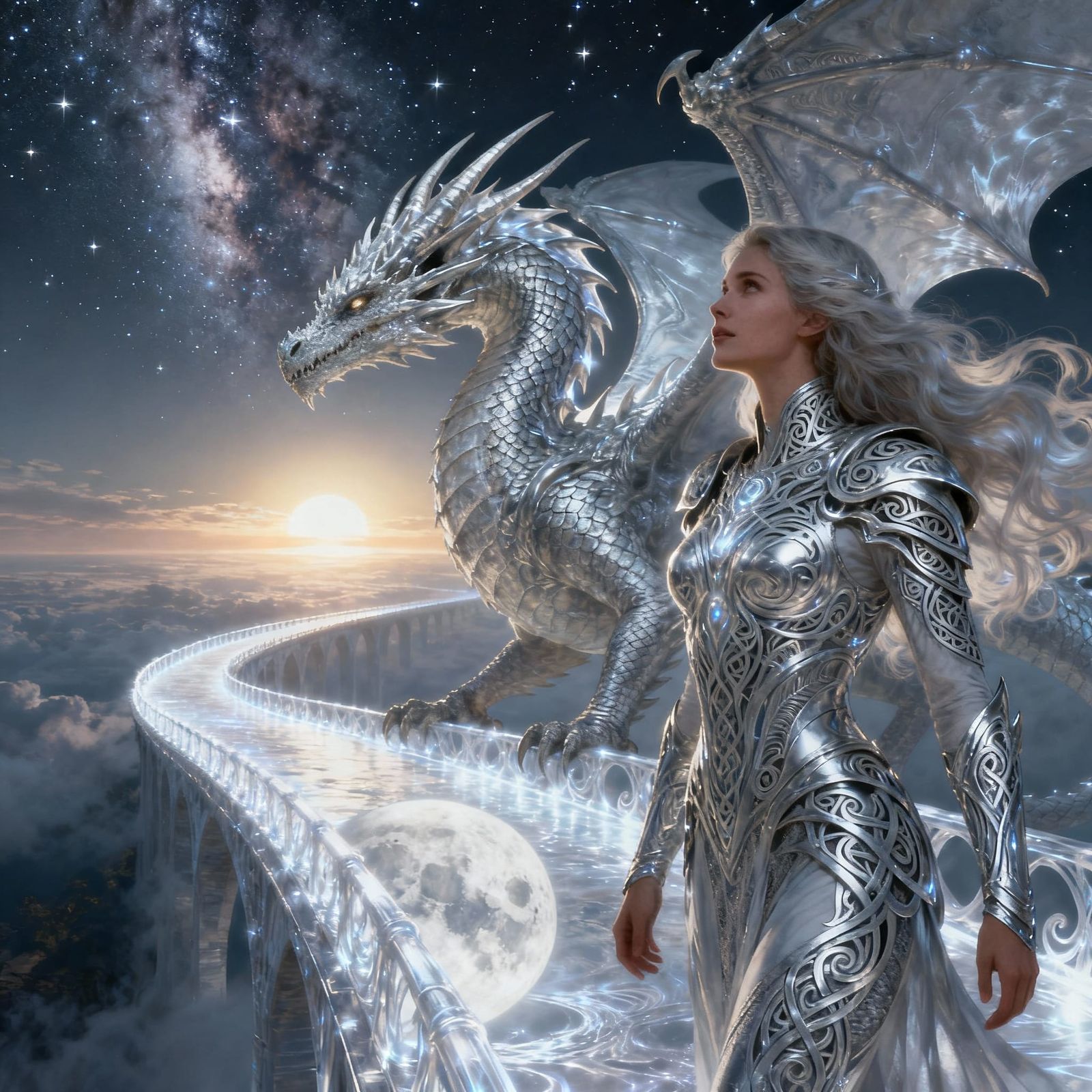 Fantasy Warrior and Dragon on Moon Bridge