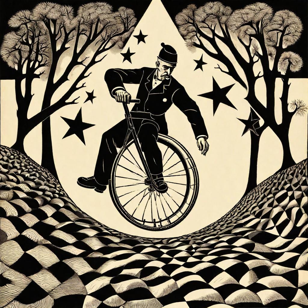 Surreal Unicyclist in Escher-esque Landscape