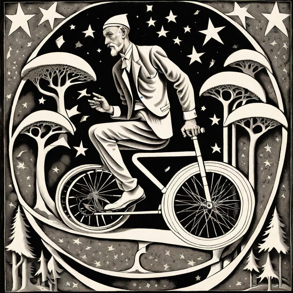 Escher-esque Unicycle Rider in Surreal Landscape