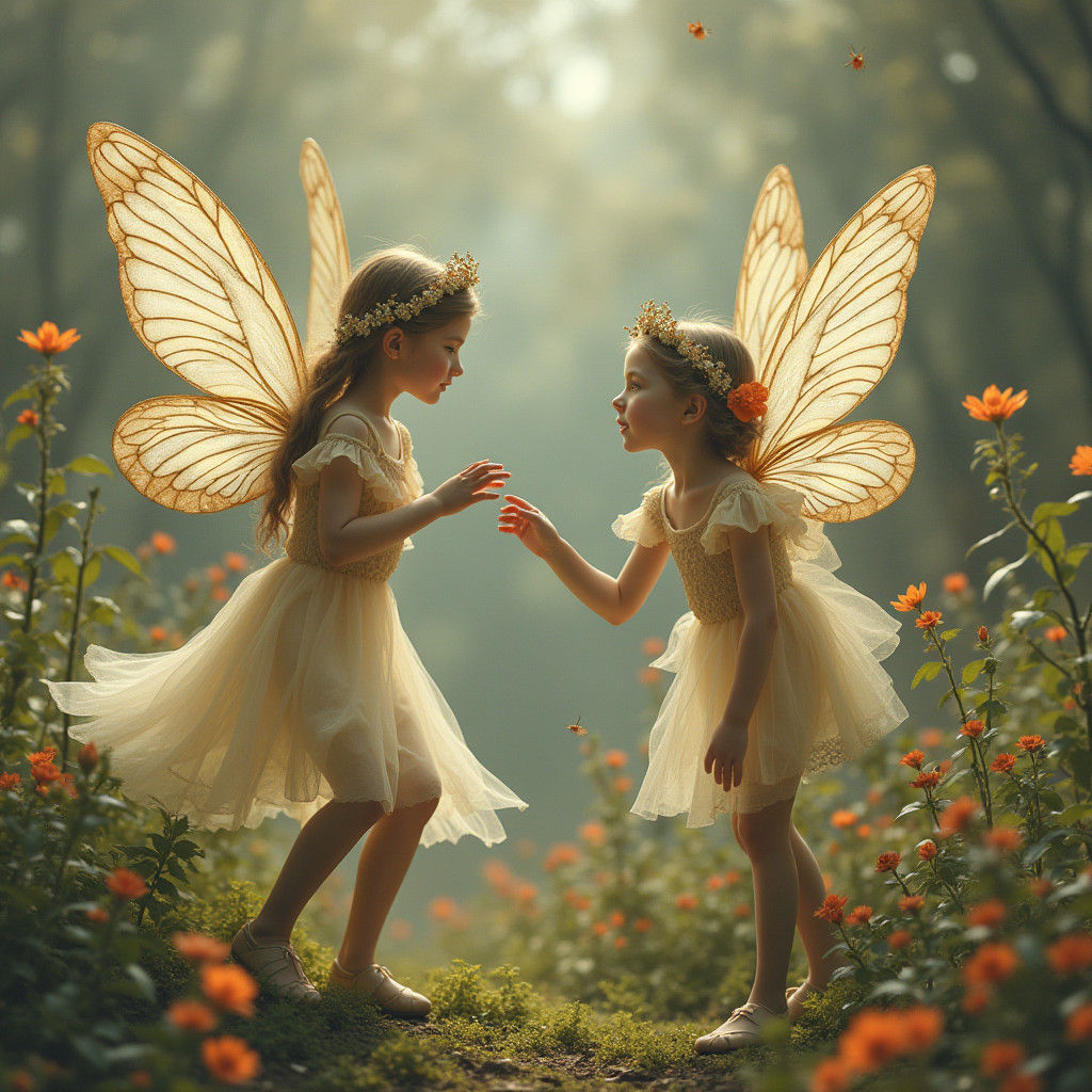 Fairies in Garden Observed by Children: Vintage Style