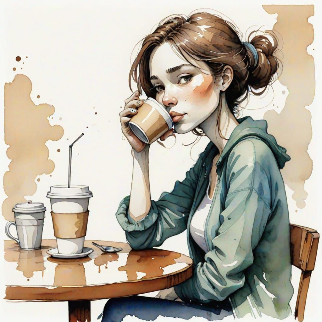 A Peaceful Woman Savors Coffee in a Masterful Watercolor Doo...