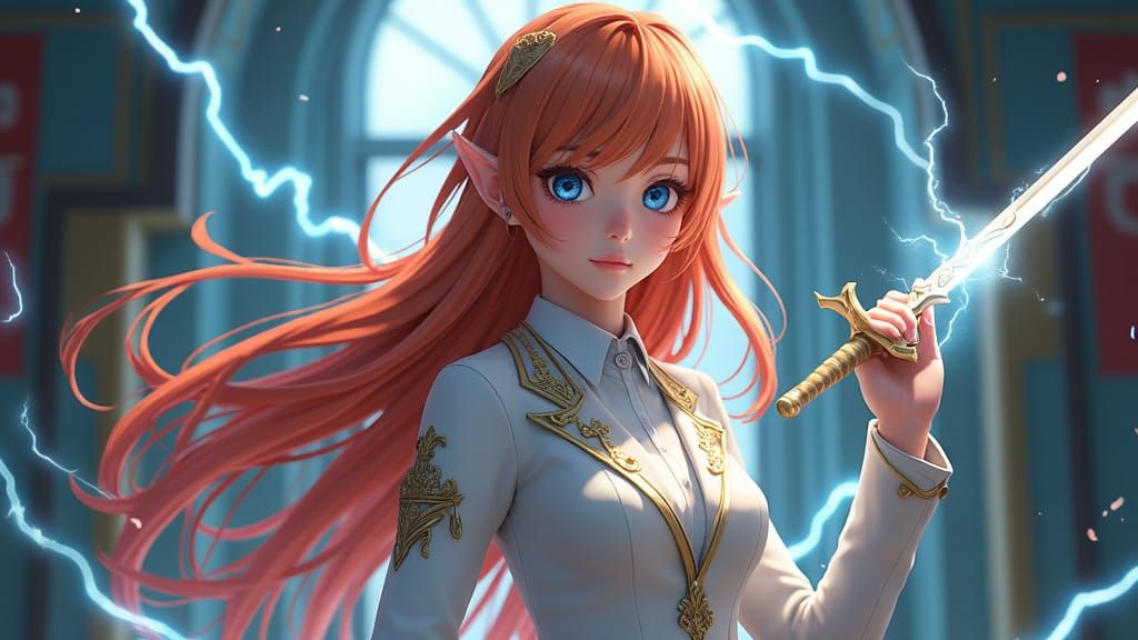Stunning Red-Haired Elf Wields Sword and Lightning in Elegan...