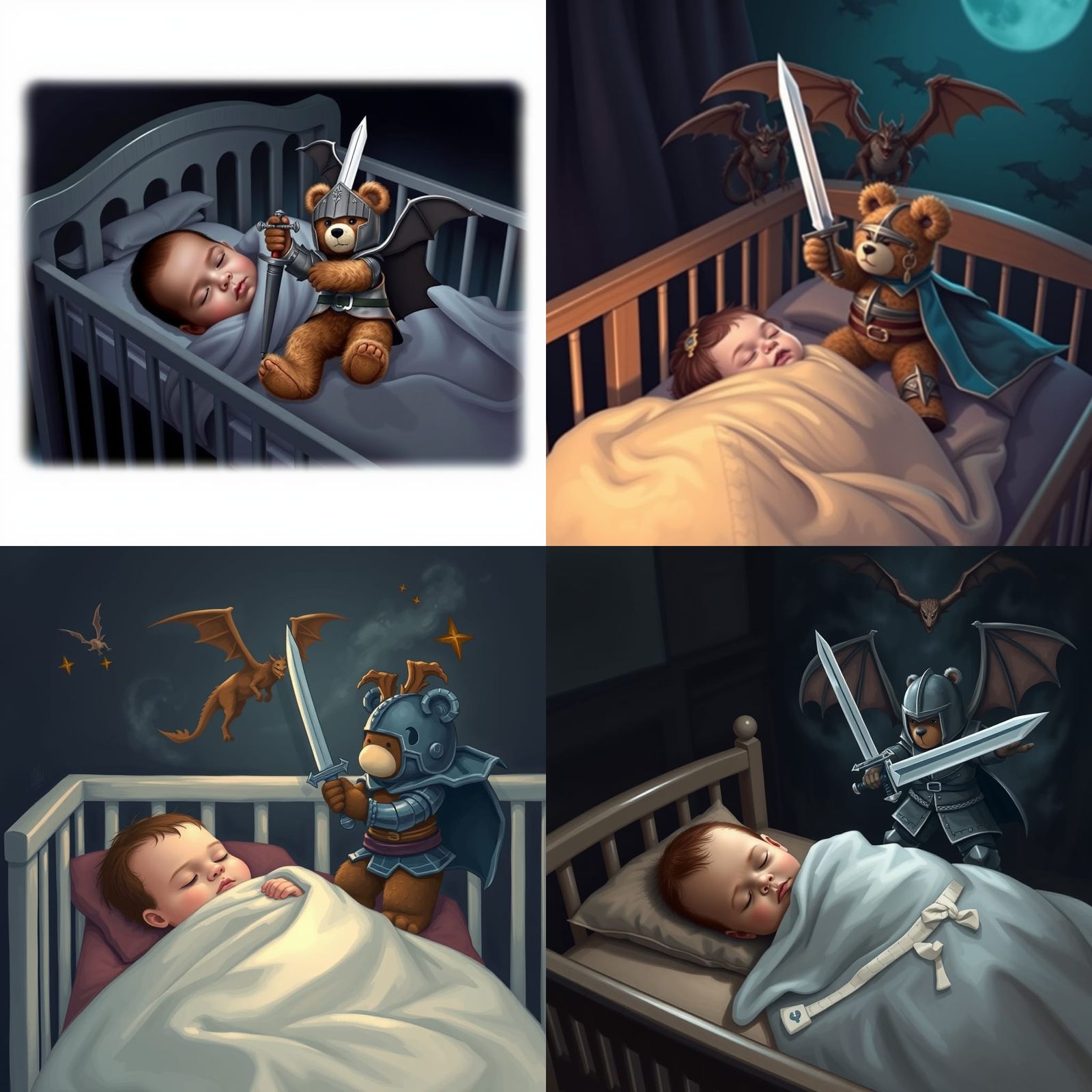 Sleeping Baby Knight Battles Dragons in Darkened Nursery