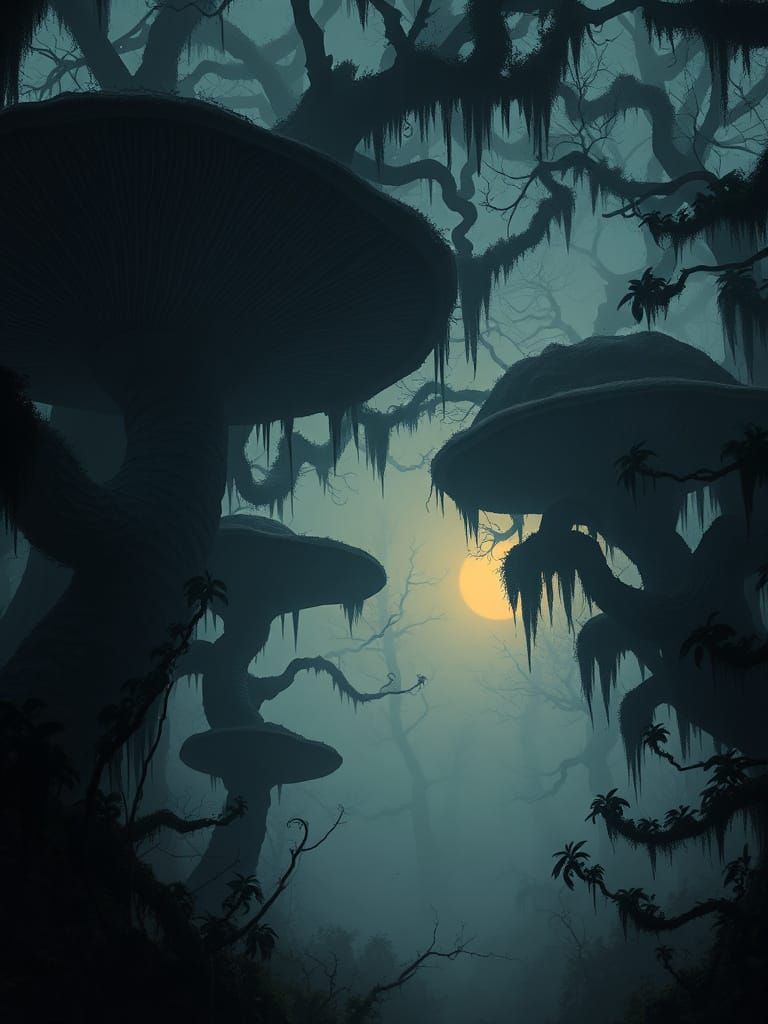 Haunting Fungi Forest at Dusk, in a Hyperdetailed Style