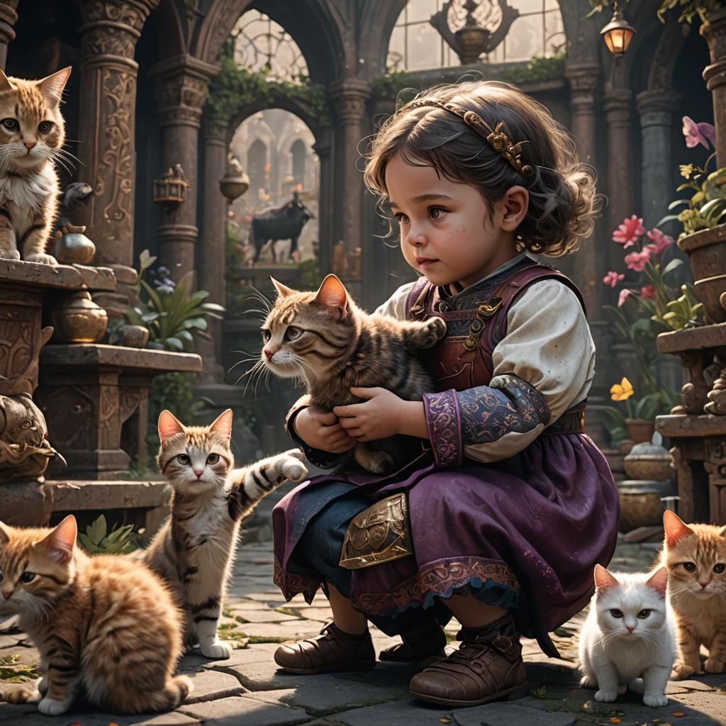 Baby Girl and Cat: Detailed Fantasy Art