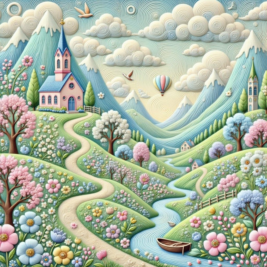 Whimsical Fantasy World in Pastel Embroidery Style