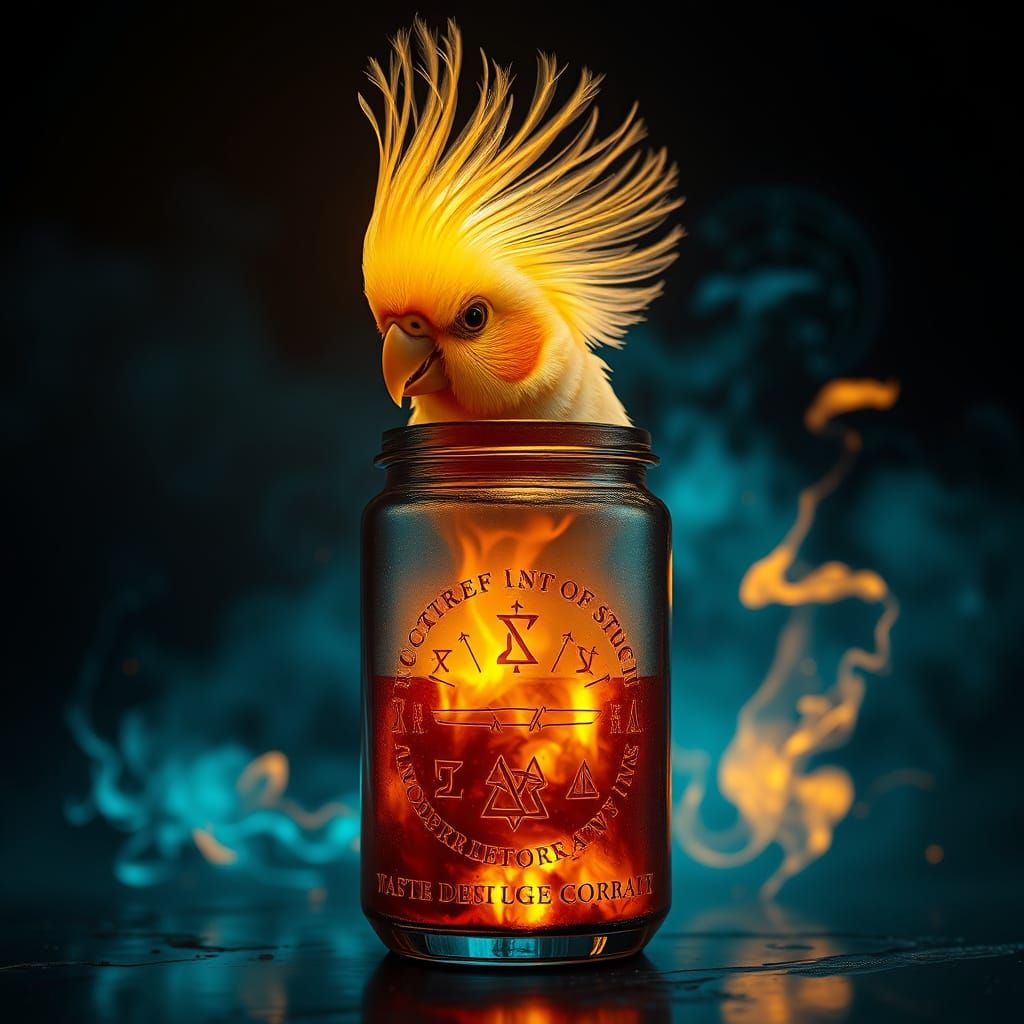 Glowing Cockatiel Crowns Molotov Cocktail with Ancient Runes