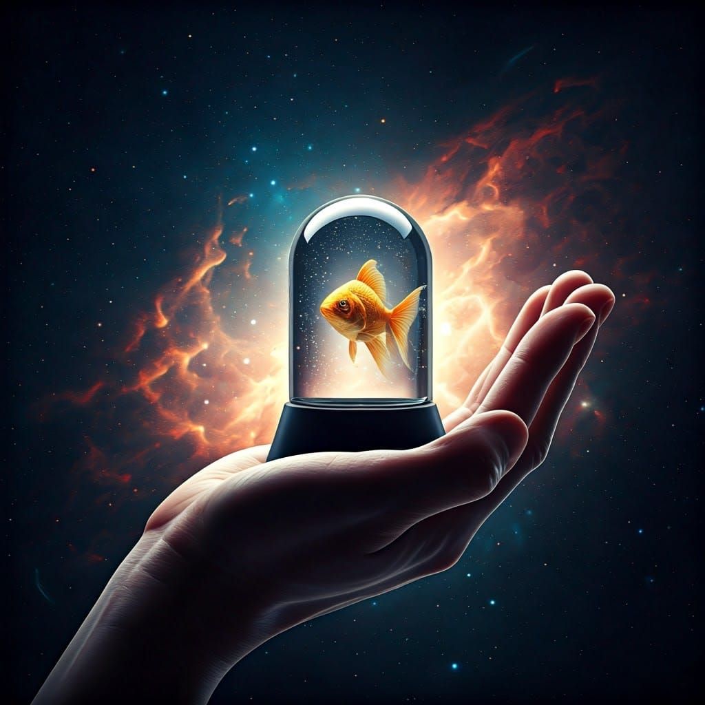 Golden Fish in Glass Capsule Against Galaxy