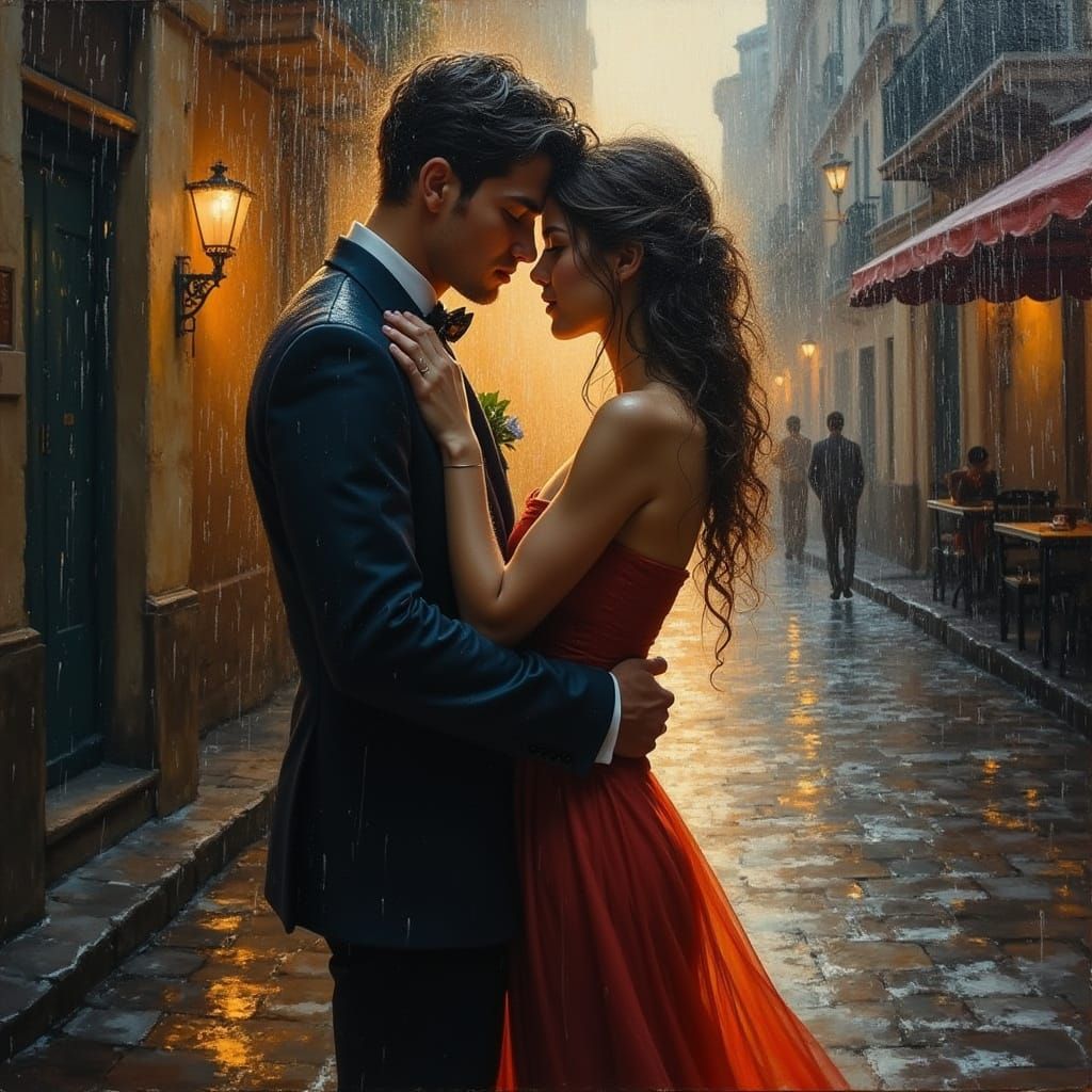 Lovers Embrace in Rain: Impasto Oil Painting