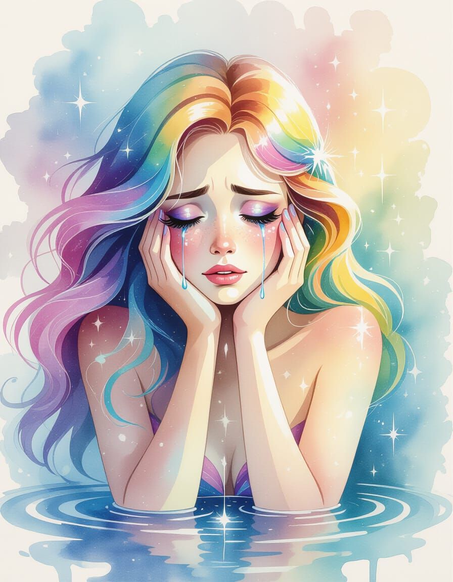 Melancholic Mermaid Weeping Starlight Tears as Watercolor Ar...