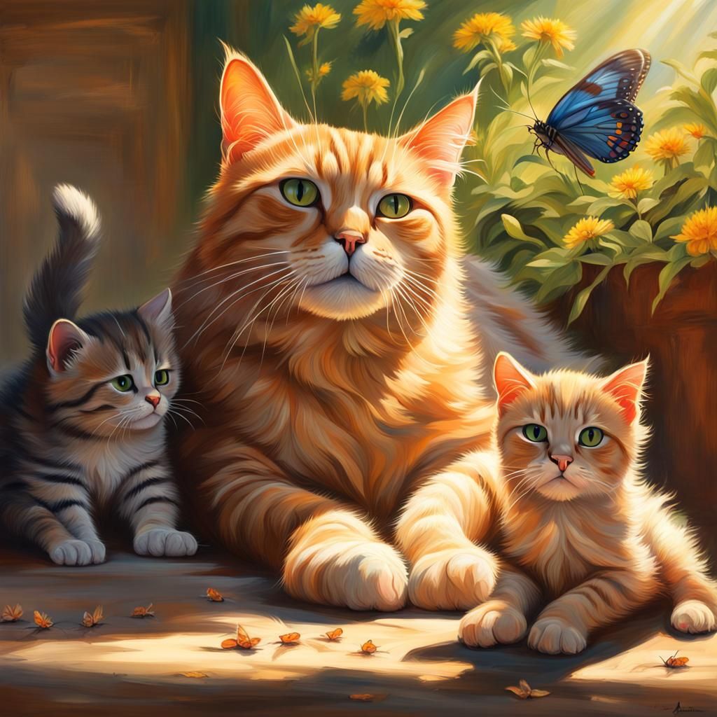 Mother Cat and Kittens in Sunlight: Hyperrealistic Art