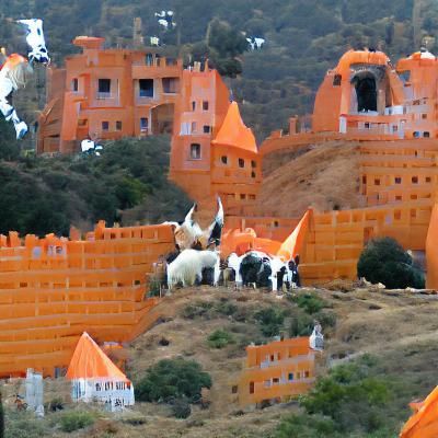 Orange Castle in Hills with Goats