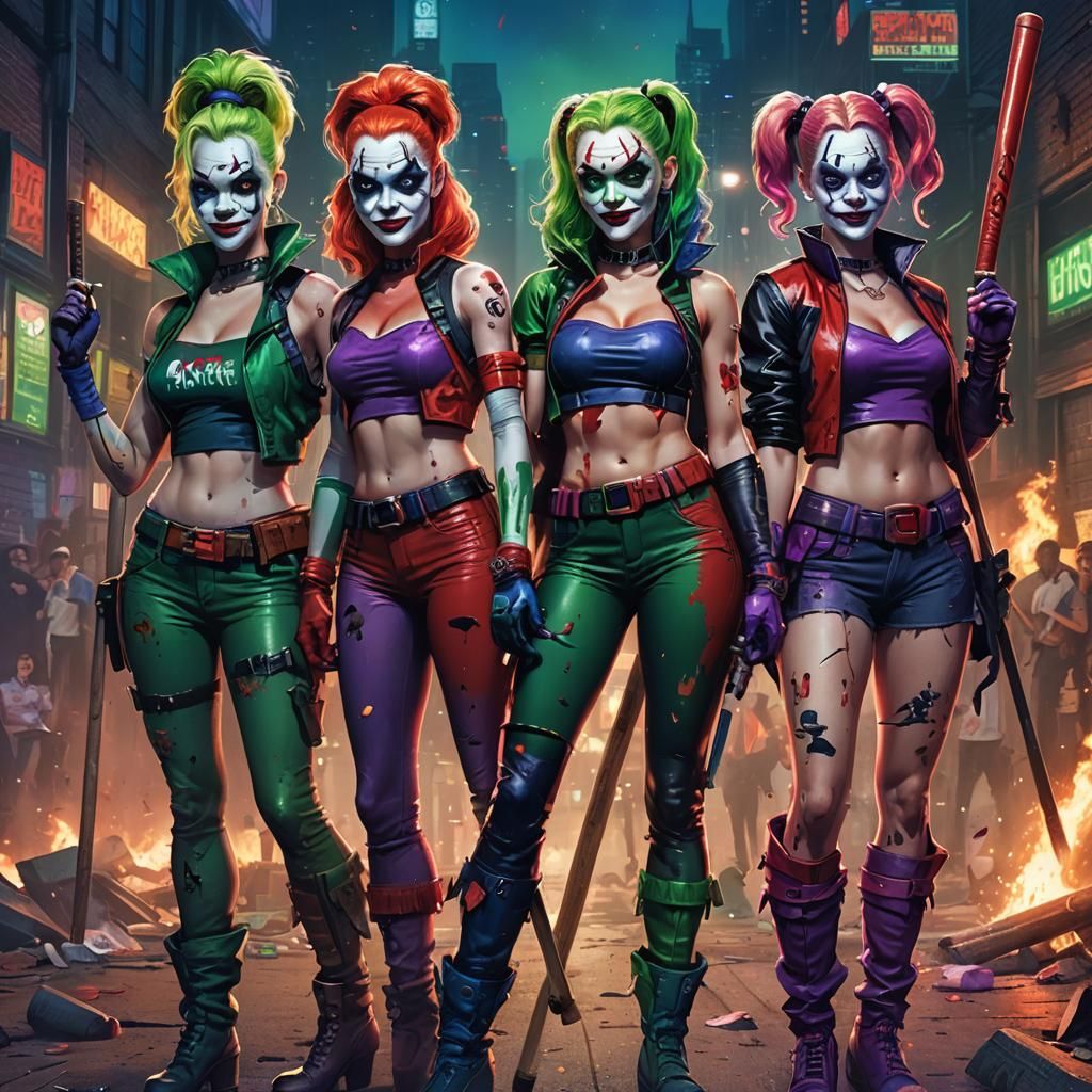 Four Harley Quinns with Baseball Bats: Comic Book Art